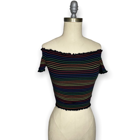 Heart & Hips Rainbow Striped Ruched Stretched Crop Top sz M - Picture 3 of 15